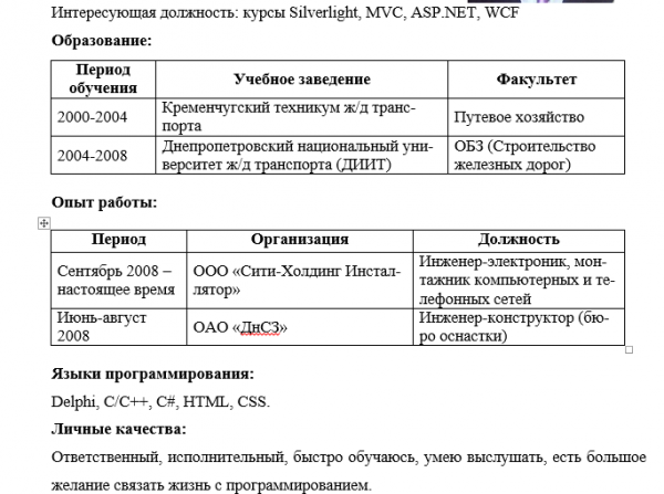 Резюме Junior’а